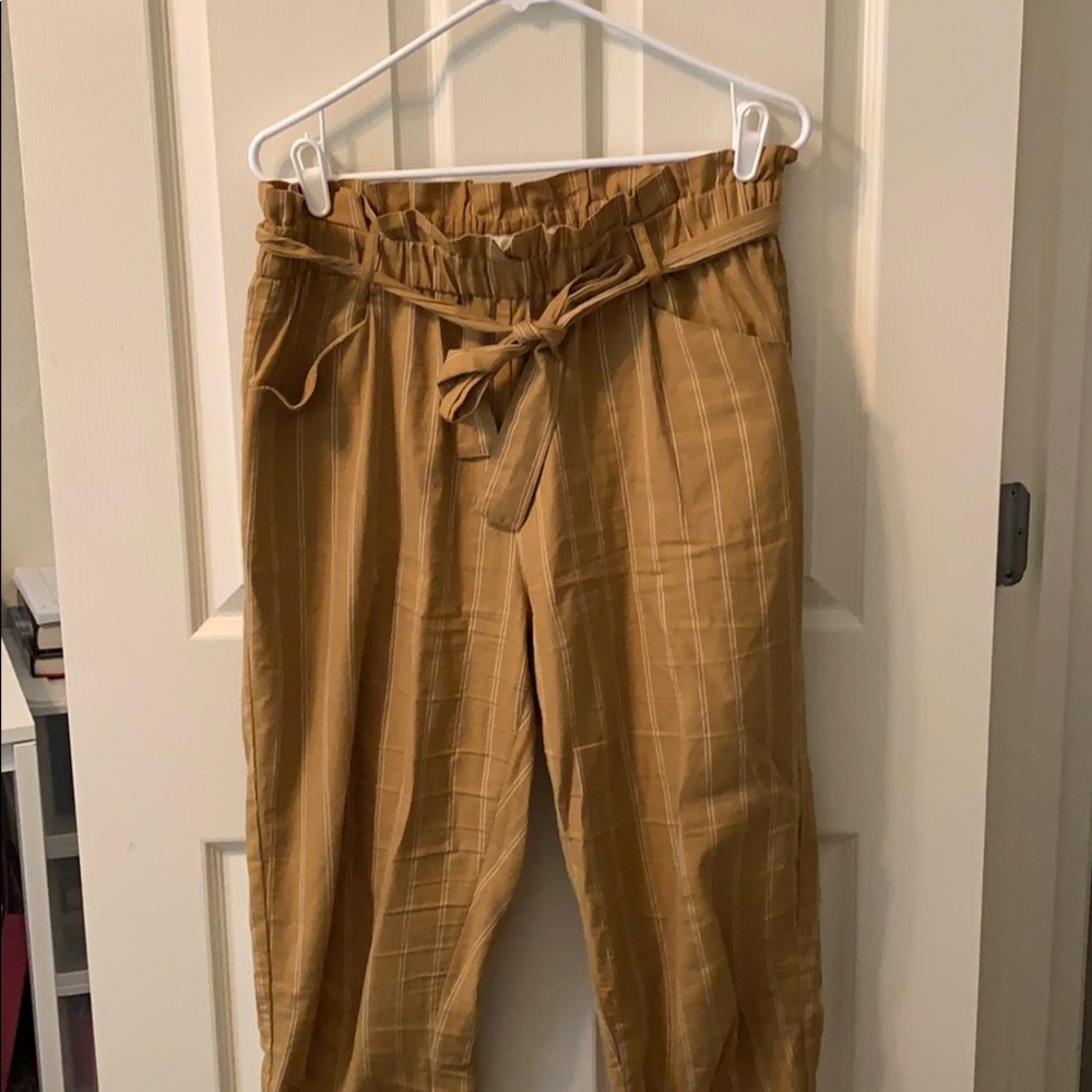 Belted paper bag mustard pinstripe pants